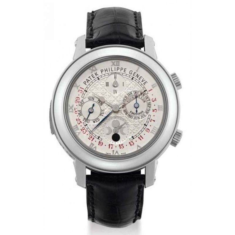 百達翡麗天月陀飛輪機械手動 2001 銀色錶盤鉑金錶殼男士腕錶 5002p-001