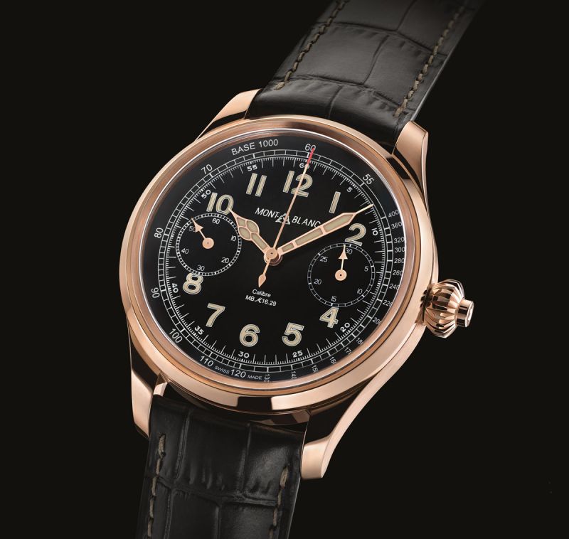 Montblanc 1858 Chronograph Tachymeter Limited Edition Mechanical Manual Black Dial Rose Gold Case Men Wristwatch 112637