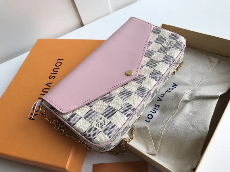 Louis Vuitton Damier Azur Pochette Felicie Pink Leather Women Satchel Shoulder Bag N60235