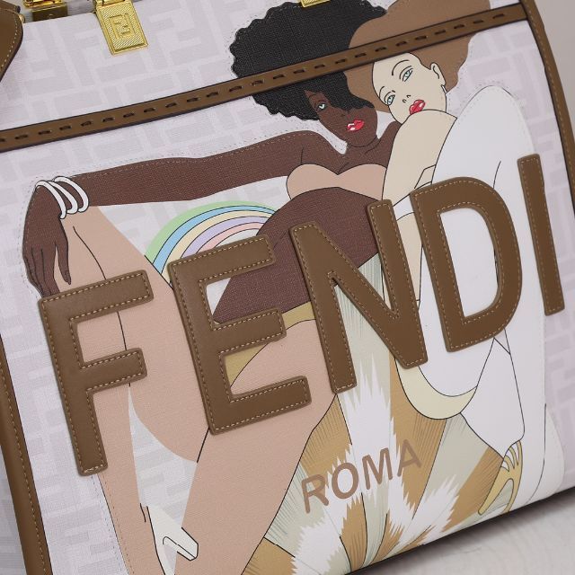 Fendi Sunshine Medium White FF Fabric Women Tote Handbag 8bh386