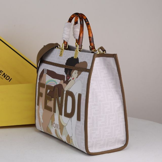 Fendi Sunshine Medium White FF Fabric Women Tote Handbag 8bh386