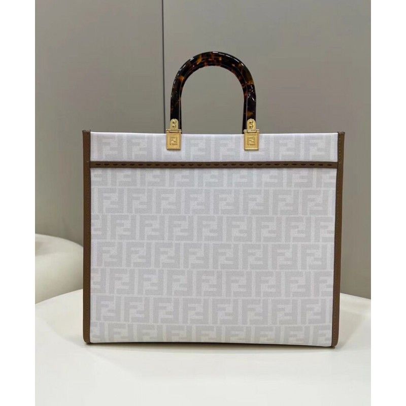 Fendi Sunshine Medium White FF Fabric Women Tote Handbag 8bh386