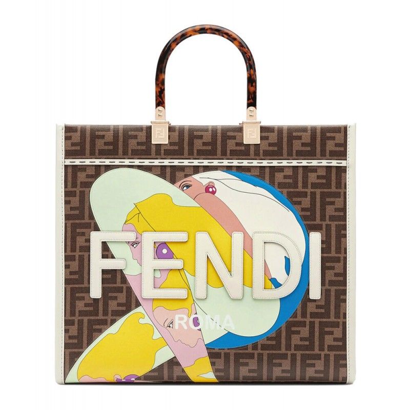 Fendi Sunshine Medium Dark Coffee FF Fabric Women Shopper Tote Handbag 8bh386
