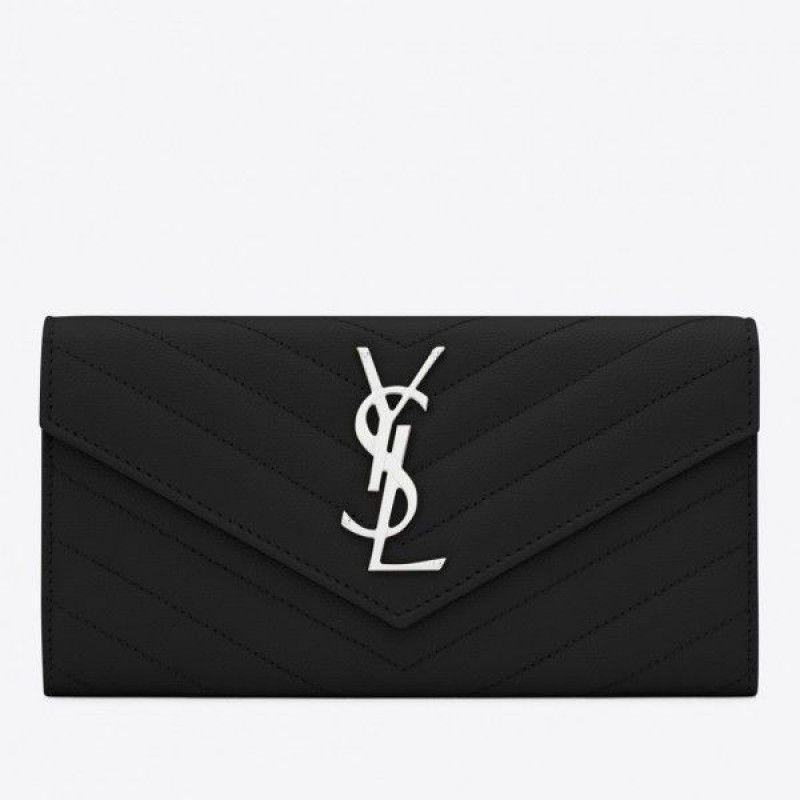 Yves Saint Laurent Envelope Large Monogram Black Calfskin Silver Logo Women Flap Wallet
