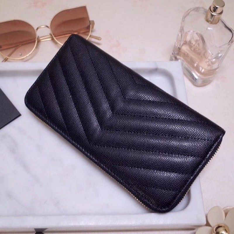 Yves Saint Laurent Envelope Classic Monogram Zip Around Black Calfskin Women Flap Wallet