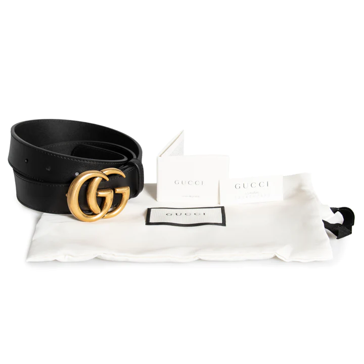 Gucci Classic 25MM Width Black Leather Double GG Buckle Dress Belt