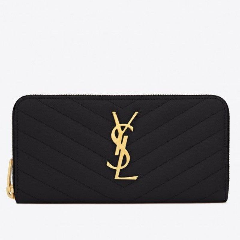 Yves Saint Laurent Envelope Classic Monogram Zip Around Black Calfskin Women Flap Wallet