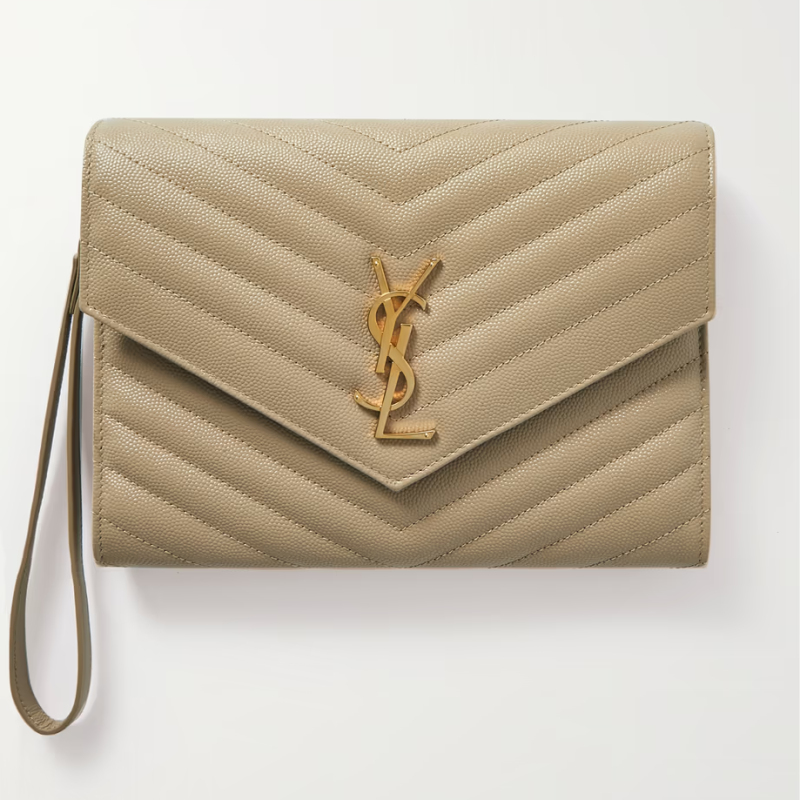 Yves Saint Laurent Envelope Hot Monogram Quilted Grain Dark Beige Calfskin Women Flap Clutch 651030BOW91