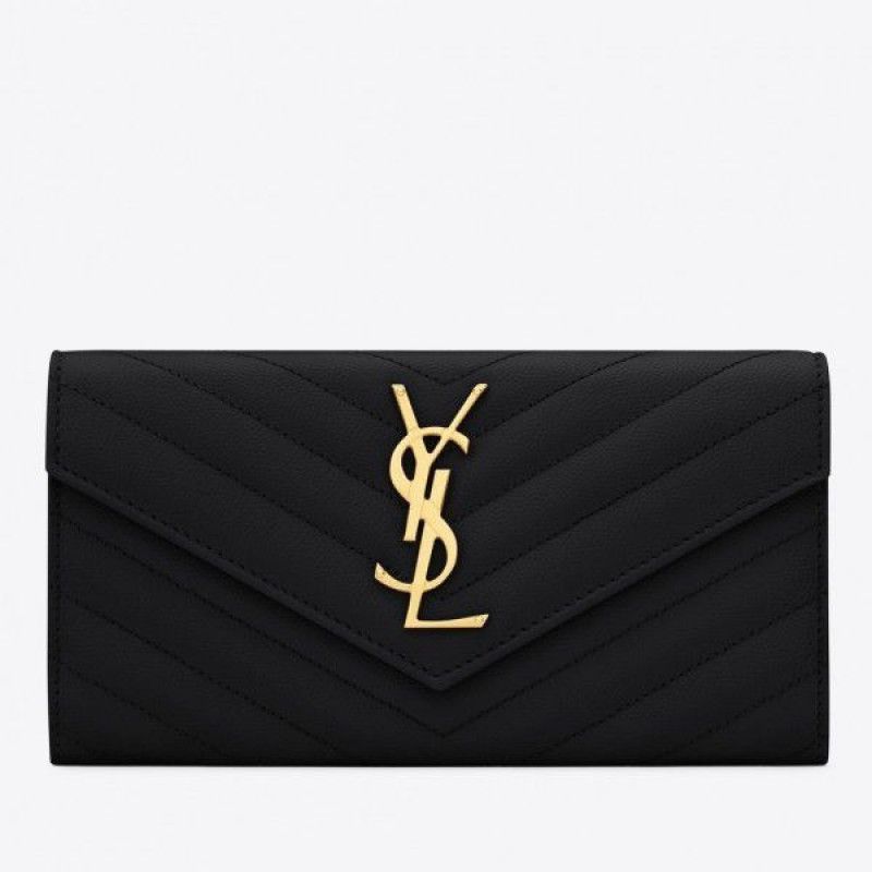 Yves Saint Laurent Envelope Large Monogram Black Calfskin Gold Logo Women Flap Wallet