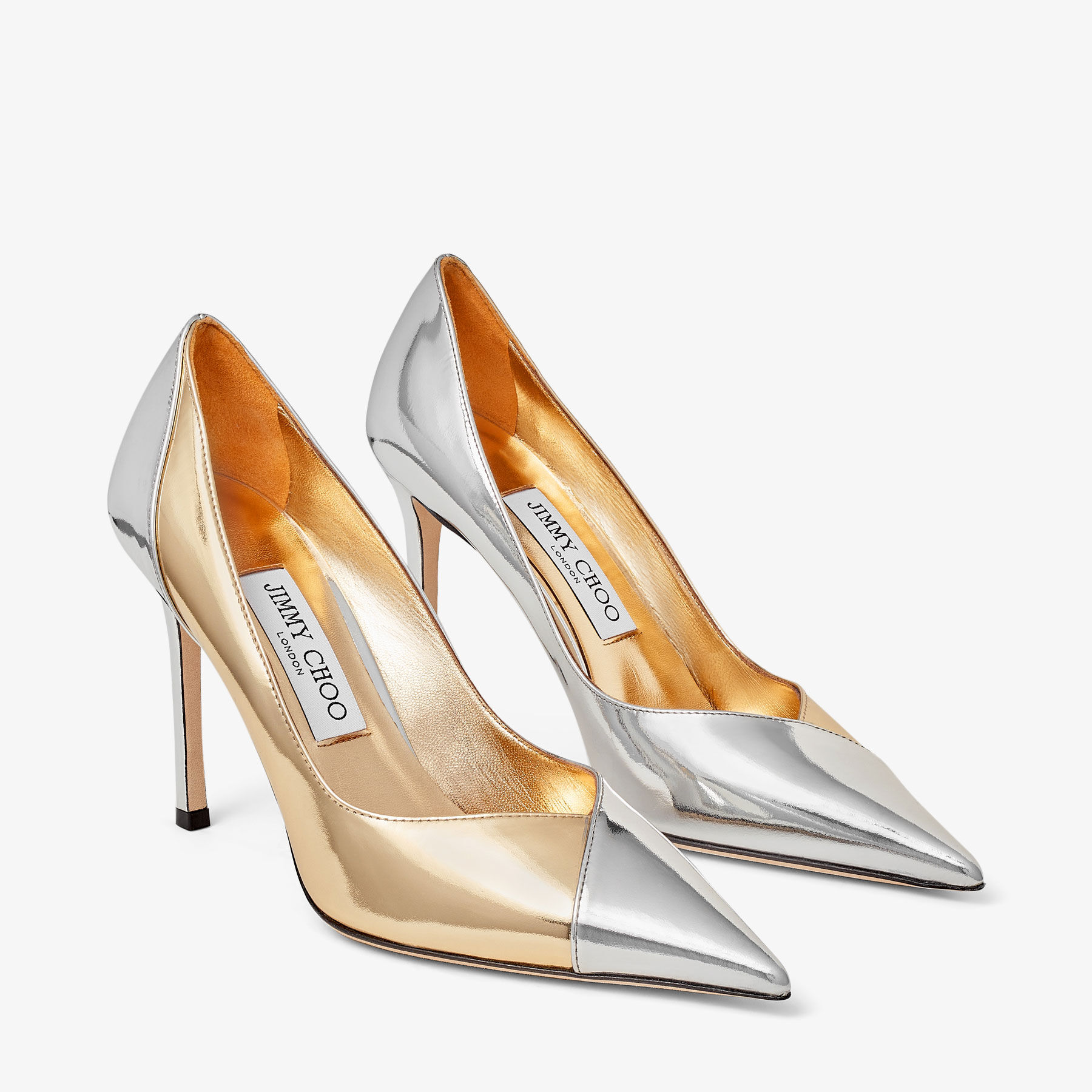 Jimmy Choo Cass Classic 95 mm ouro e prata metal líquido couro bico fino salto alto CASS95QXA