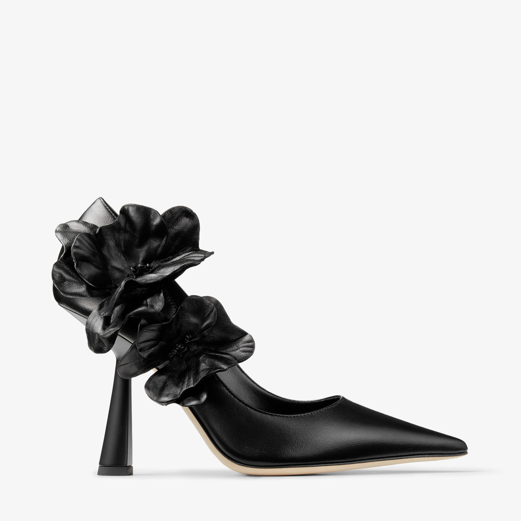 Jimmy Choo Rene Flowers 100 mm couro napa preto salto bico fino RENEFLOWERS100BGW