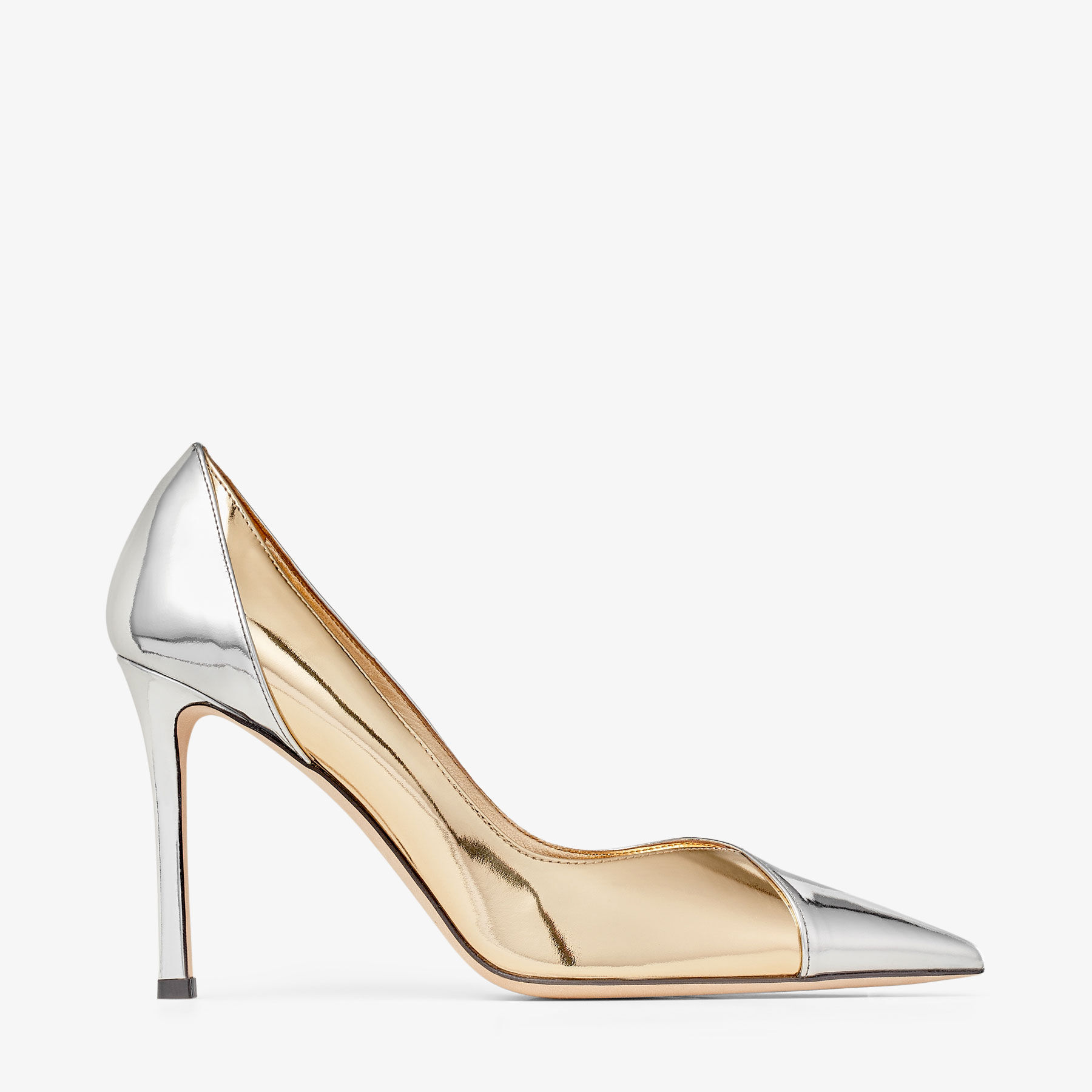 Jimmy Choo Cass Classic 95 mm ouro e prata metal líquido couro bico fino salto alto CASS95QXA