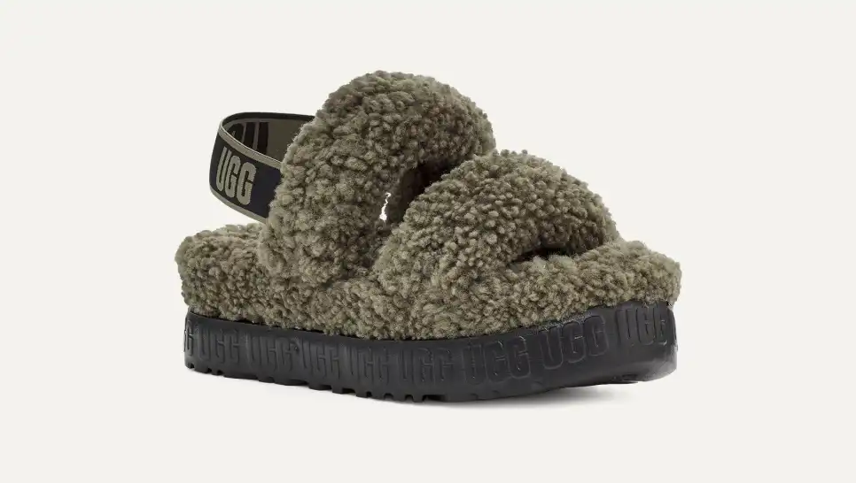 UGG Oh Yeah Fluffita New Dark Green Sheepskin Women's Sliders 1107953
