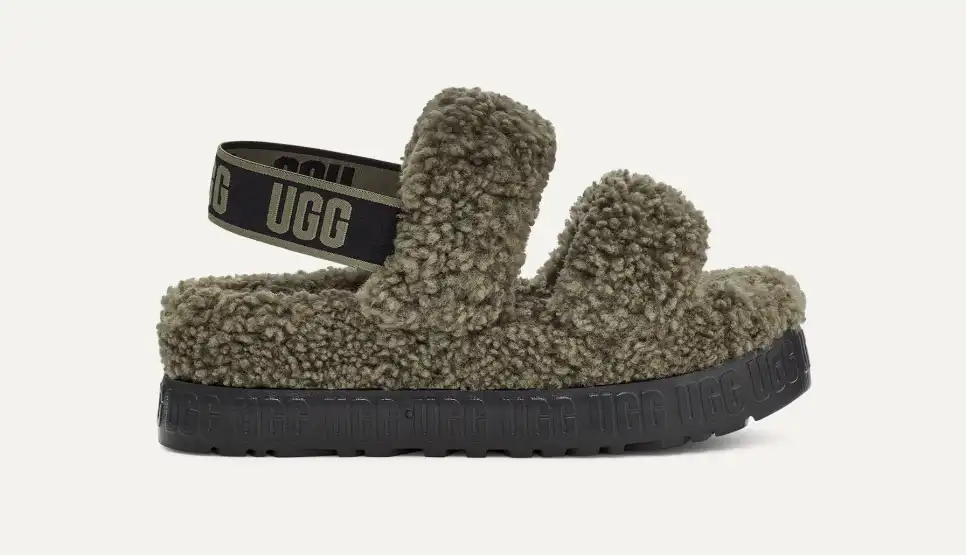 UGG Oh Yeah Fluffita New Dark Green Sheepskin Women's Sliders 1107953
