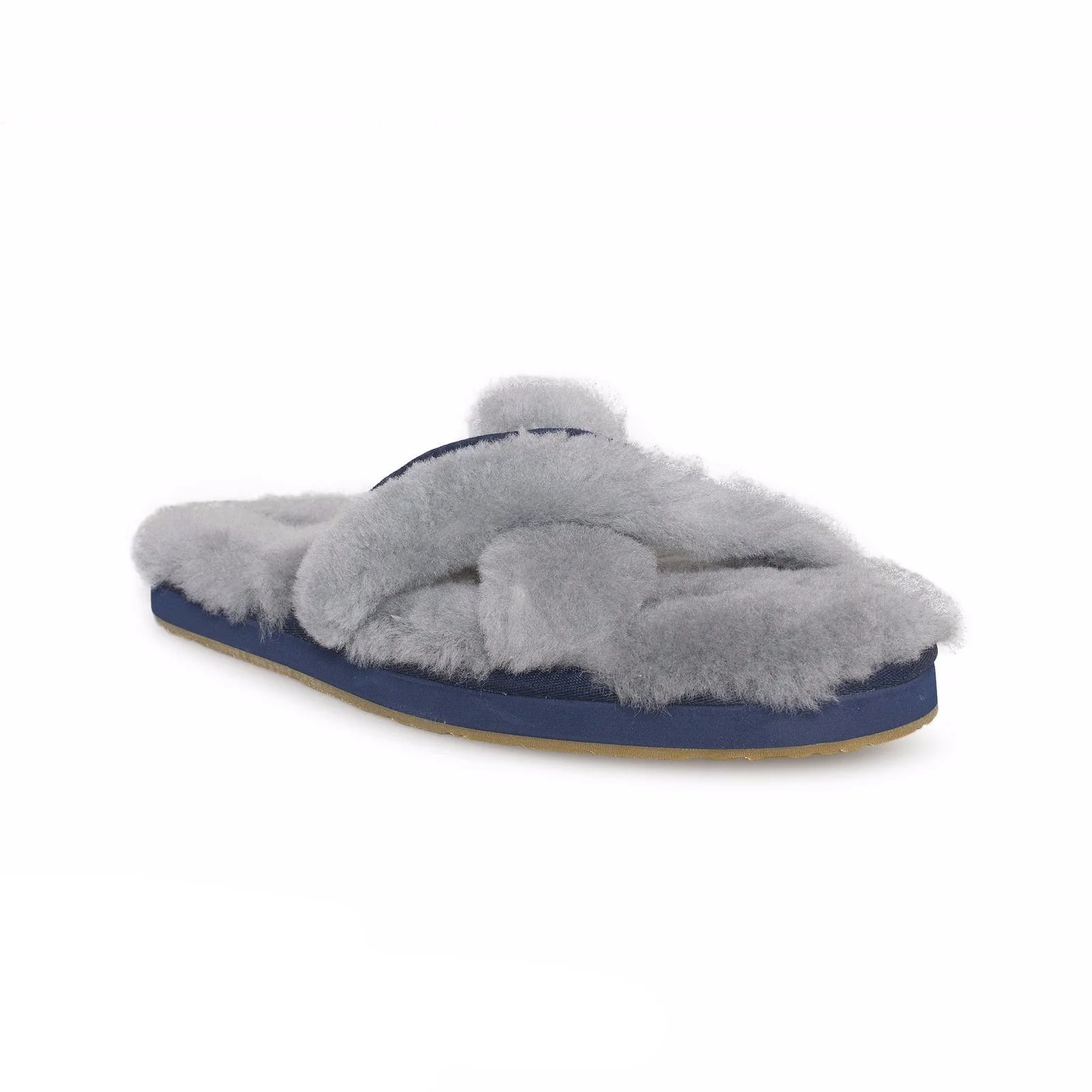 UGG Icons Abela Crisscross Shearling Blue Grey Sheepskin Women's Slippers 1017548