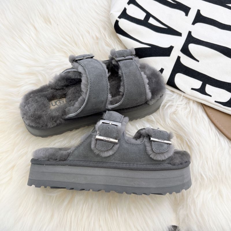 UGG Fluff Two-strap 2022 Grey Suede Women's Slide Sandals