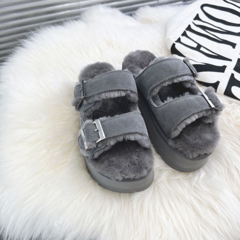 UGG Fluff Two-strap 2022 Grey Suede Women's Slide Sandals