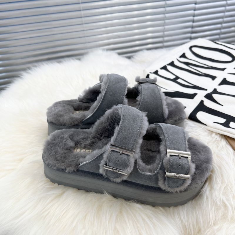 UGG Fluff Two-strap 2022 Grey Suede Women's Slide Sandals