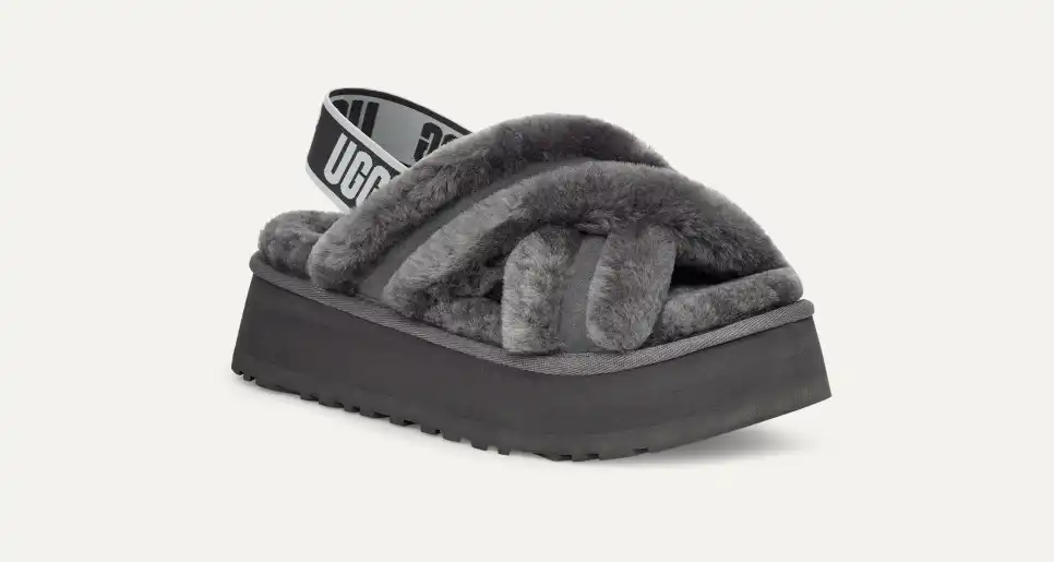 UGG Disco Cross Slide Fashion Grey Sheepskin Women Platform Casual Slippers 1121550