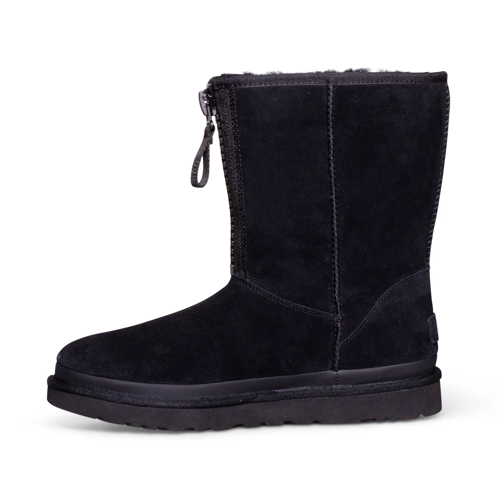 UGG Classic Short Zipper Tape Logo Black Suede Women Snow Boots 1144035