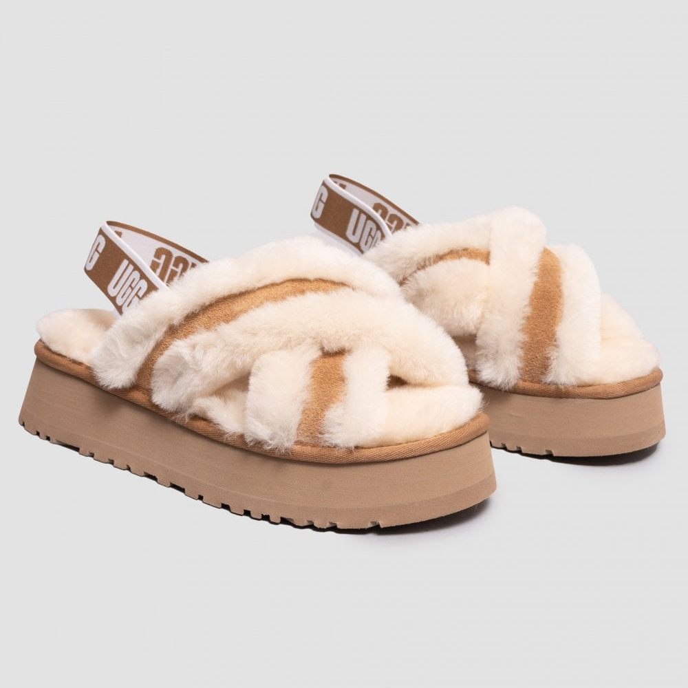 UGG Disco Cross Slide Fashion Chestnut Sheepskin Women Platform Casual Slippers 1121550