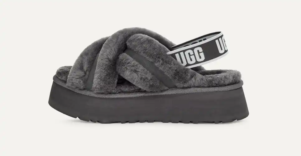 UGG Disco Cross Slide Fashion Grey Sheepskin Women Platform Casual Slippers 1121550