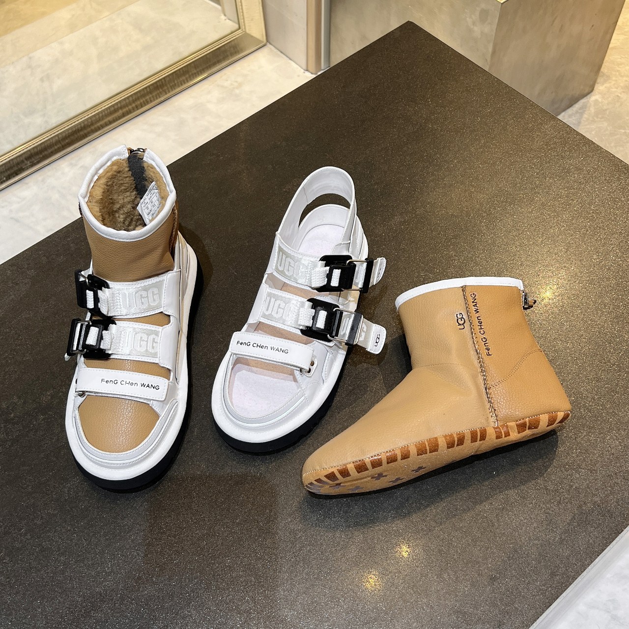 UGG X Feng Chen Wang Limited Chestnut White Leather Women Ankle Boots 1143310