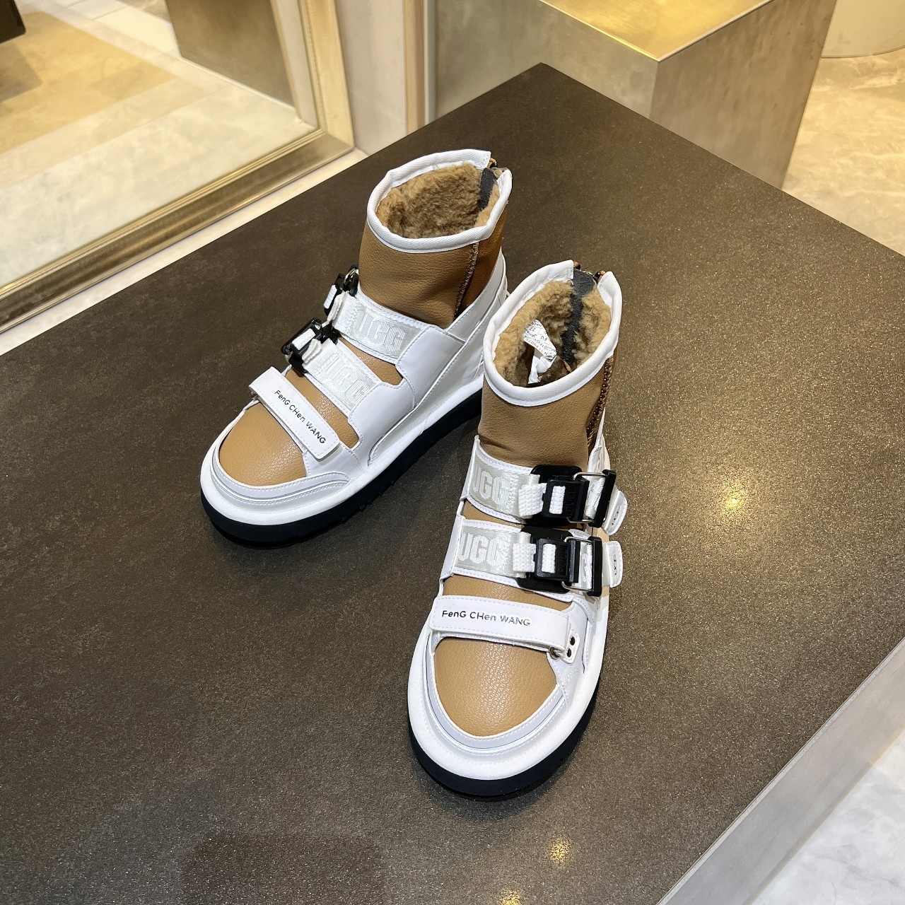 UGG X Feng Chen Wang Limited Chestnut White Leather Women Ankle Boots 1143310