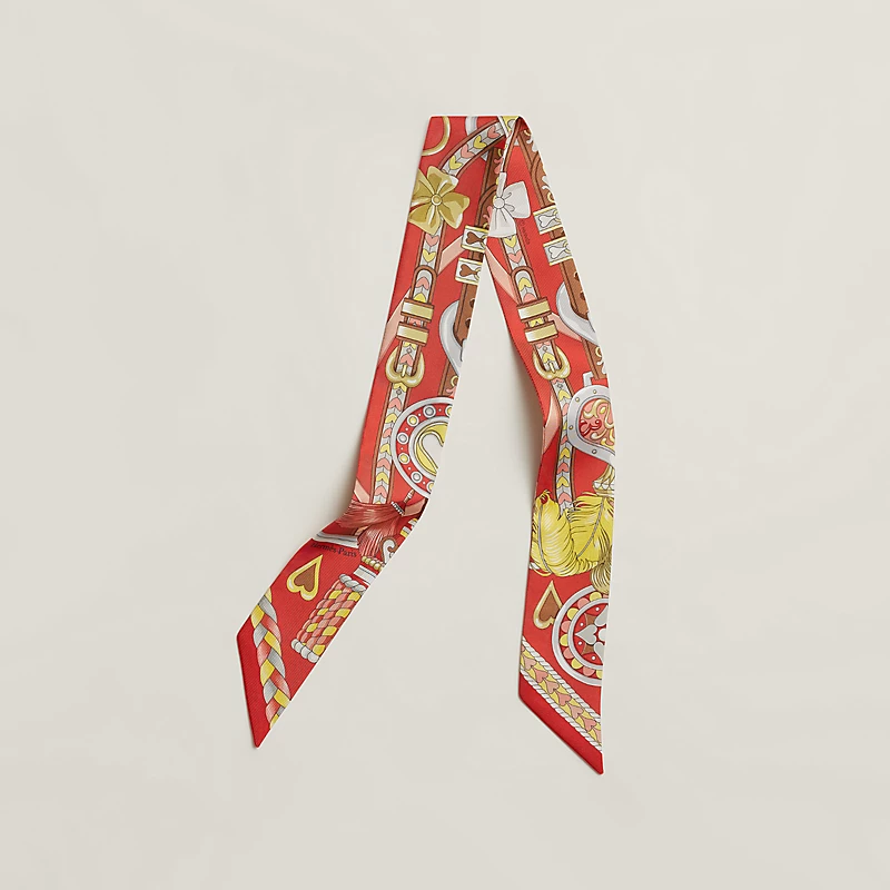 Hermes Twilly Fashion Harnais De Coeur Red Grey Yellow Silk Women Hair Scarf H064090S