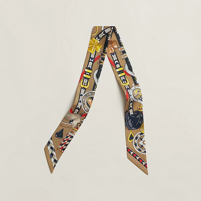 Hermes Twilly Fashion Harnais De Coeur Dark Beige Red Grey Silk Women Hair Scarf H064090S