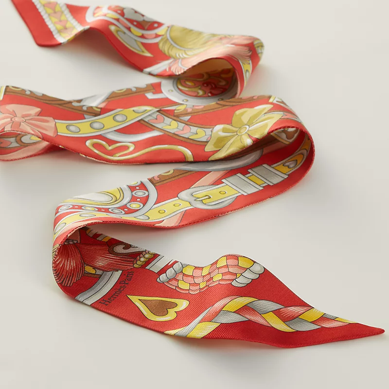 Hermes Twilly Fashion Harnais De Coeur Red Grey Yellow Silk Women Hair Scarf H064090S