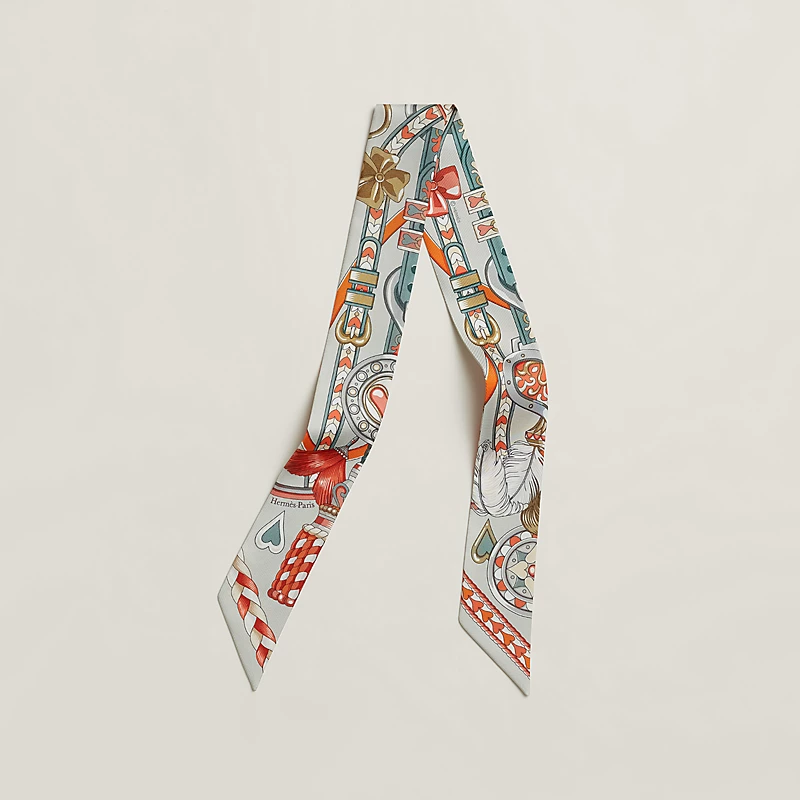 Hermes Twilly Fashion Harnais De Coeur Orange White Blue Silk Women Hair Scarf H064090S