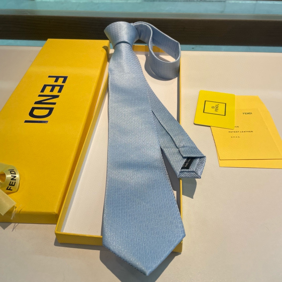 Fendi Classic Hot FF Motif Light Blue Silk Patterned Necktie FXC023AI4BF0TY2