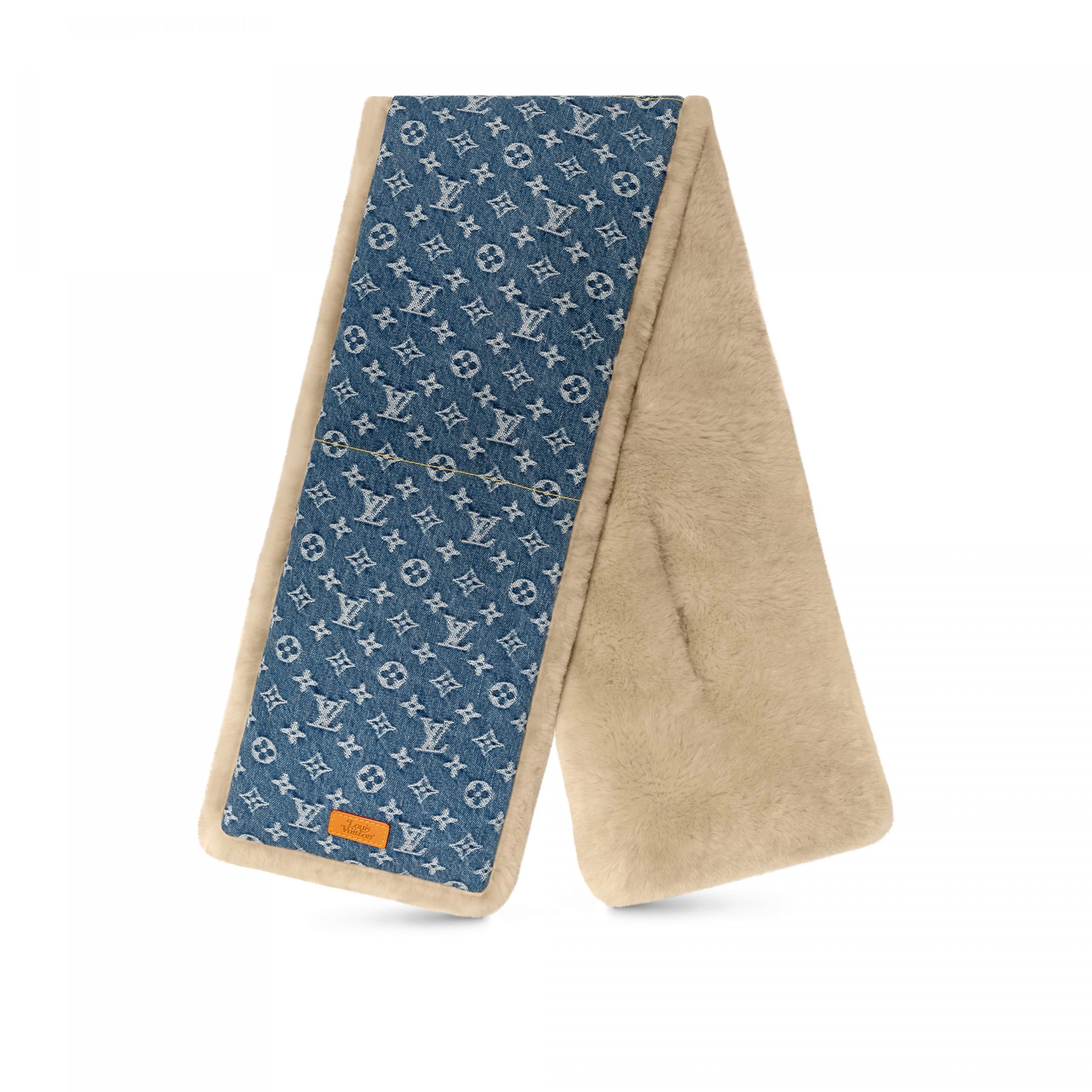 Louis Vuitton Monogram Signature Camel Blue Shearling Denim Unisex Sash Scarf MP2703