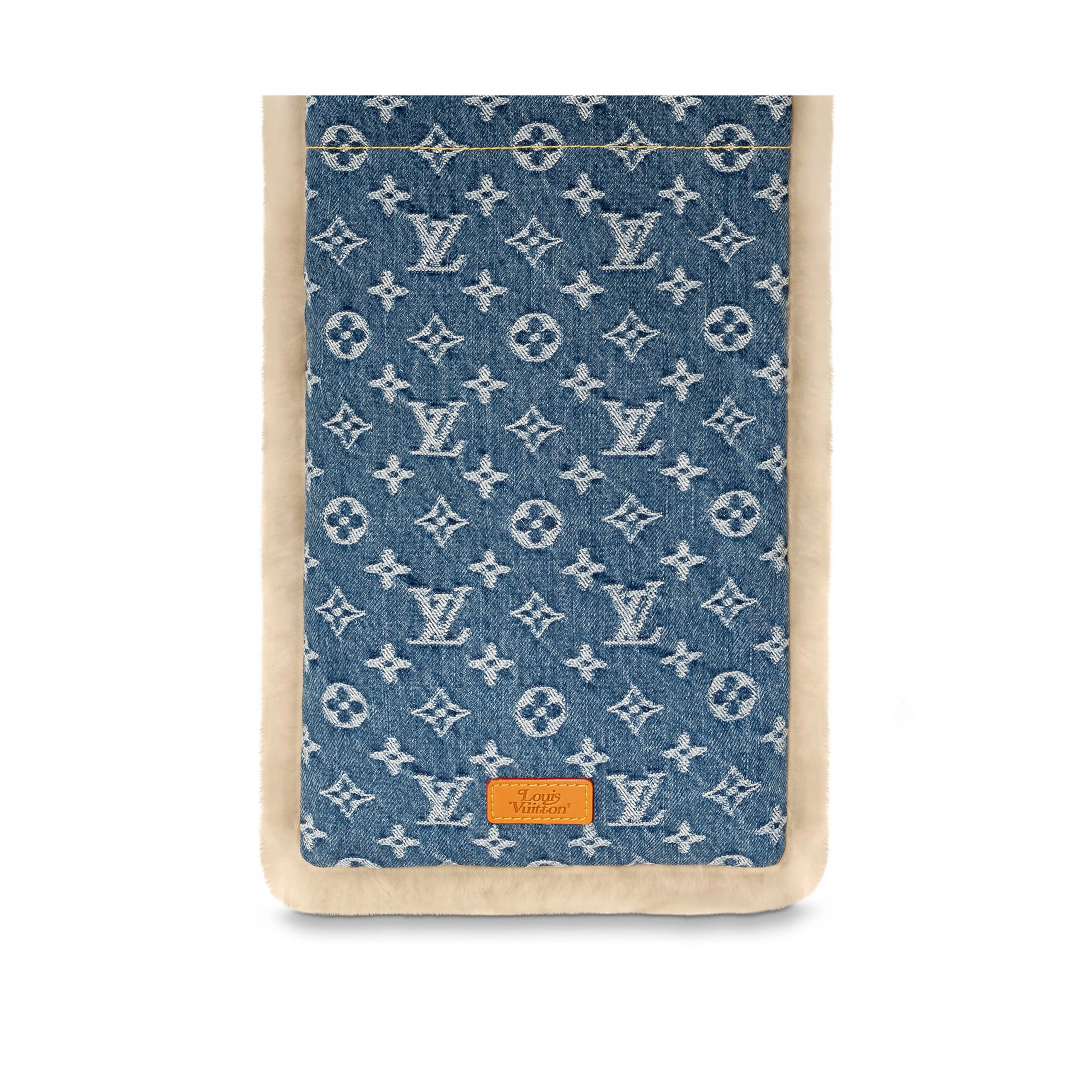 Louis Vuitton Monogram Signature Camel Blue Shearling Denim Unisex Sash Scarf MP2703