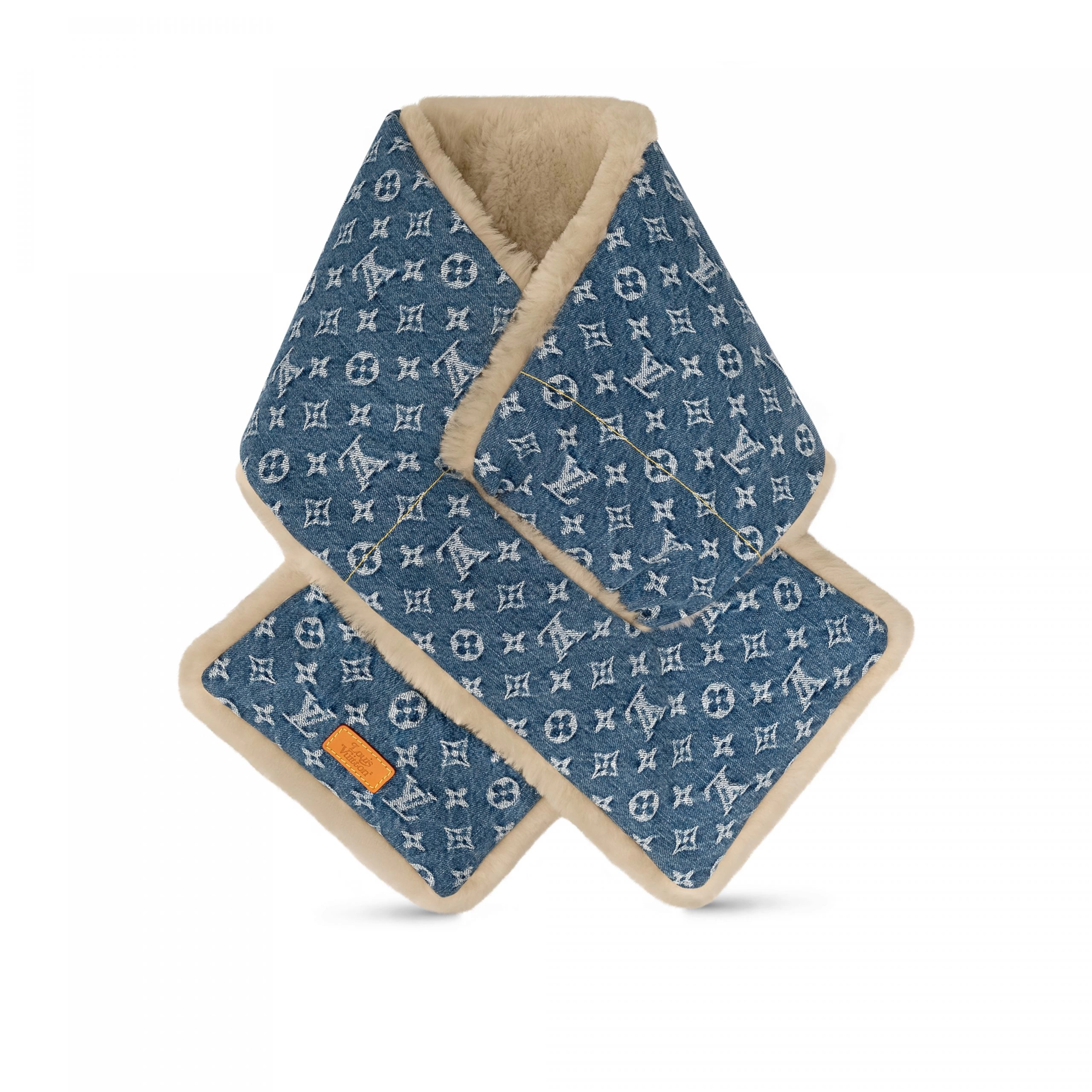 Louis Vuitton Monogram Signature Camel Blue Shearling Denim Unisex Sash Scarf MP2703