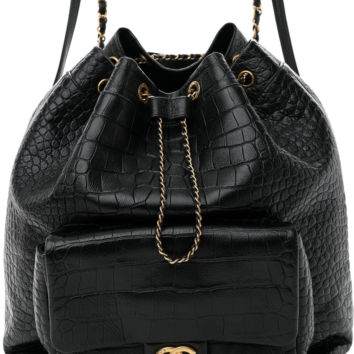 Zaino Chanel Classic in pelle di vitello nera grande con coulisse e coccodrillo AS0800 da donna