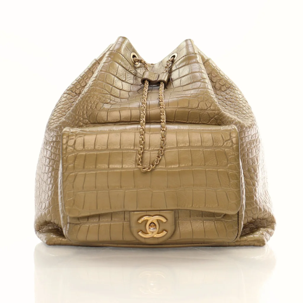 Chanel Classic Crocodile  Embossed 2019 Large Gold Calfskin Women Drawstring Backpack AS0800