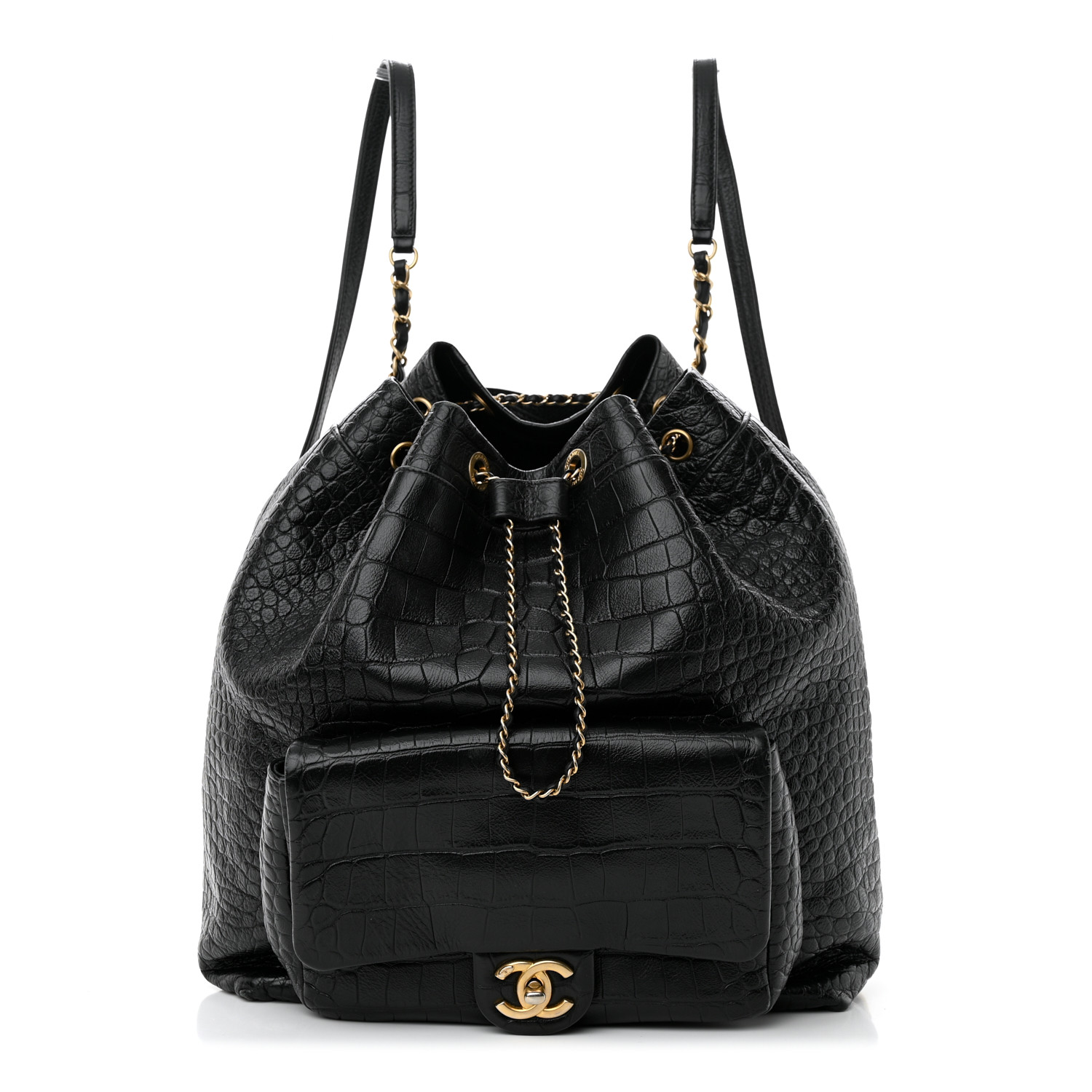 Chanel Classic Crocodile  Embossed Large Black Calfskin Women Drawstring Backpack AS0800