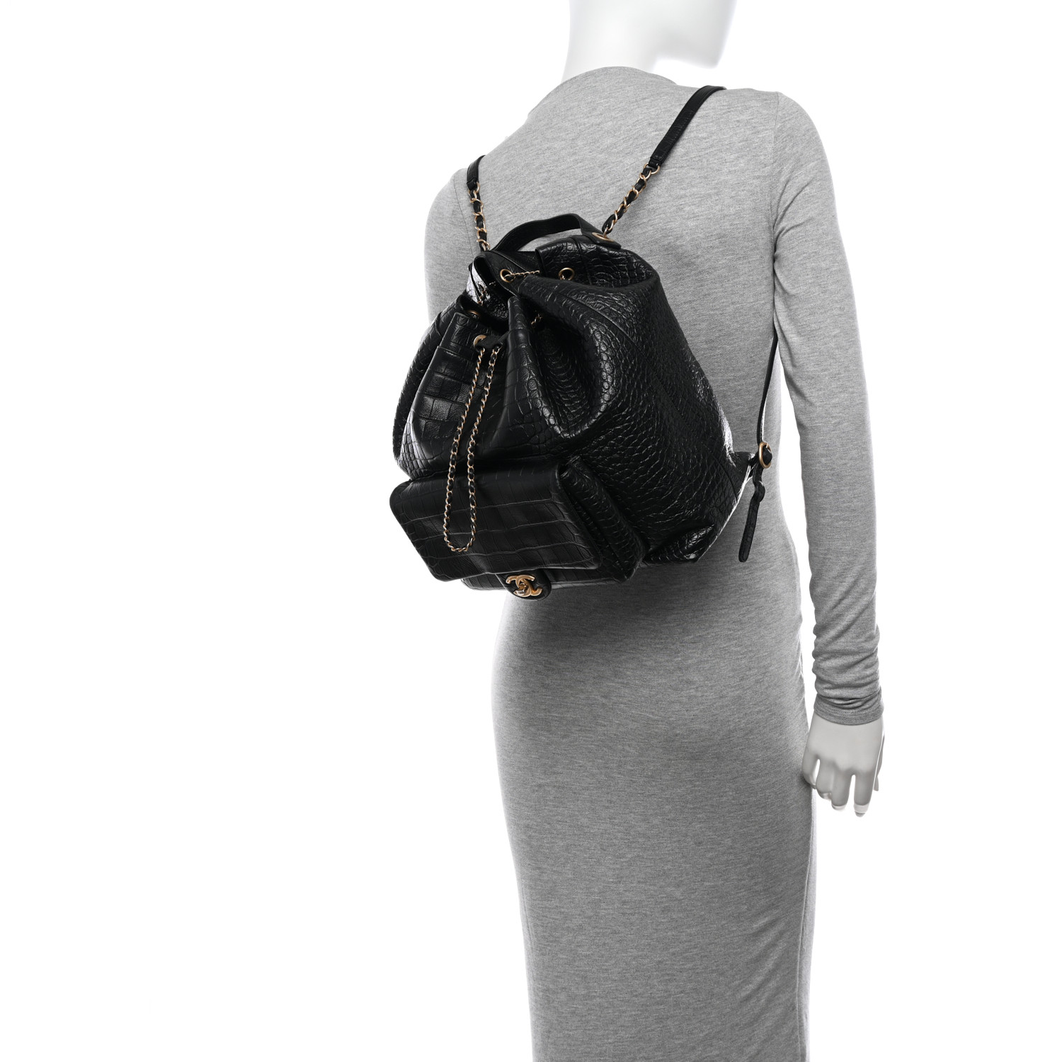 Chanel Classic Crocodile  Embossed Large Black Calfskin Women Drawstring Backpack AS0800