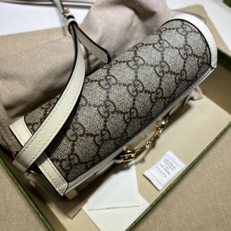 Gucci 1955 Horsebit Mini Beige Canvas White Leather Women Shoulder Bag 699296