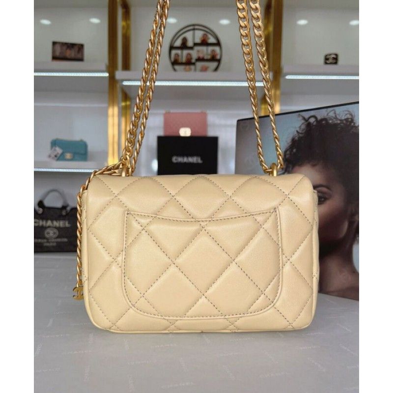 Chanel Classic Mini Khaki Lambskin Enamel Logo Women Flap Shoulder Bag AS3113