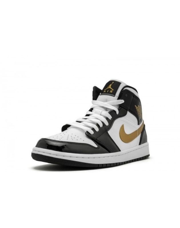 Jordan Air Jordan 1 Mid 2019 Patent Black White Gold Leather Rubber Sole Basketball Sneakers 852542-007