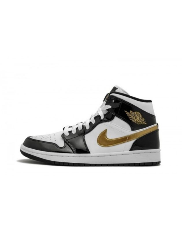 Jordan Air Jordan 1 Mid 2019 Patent Black White Gold Leather Rubber Sole Basketball Sneakers 852542-007