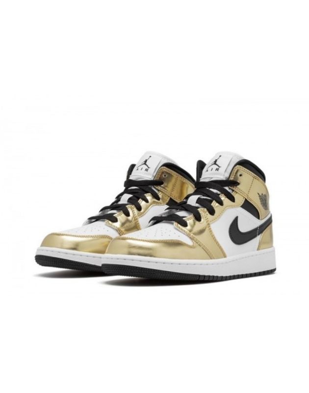 Jordan Air Jordan 1 Mid 2020 Metallic Gold Black White Leather Rubber Sole Basketball Sneakers DC1420-700
